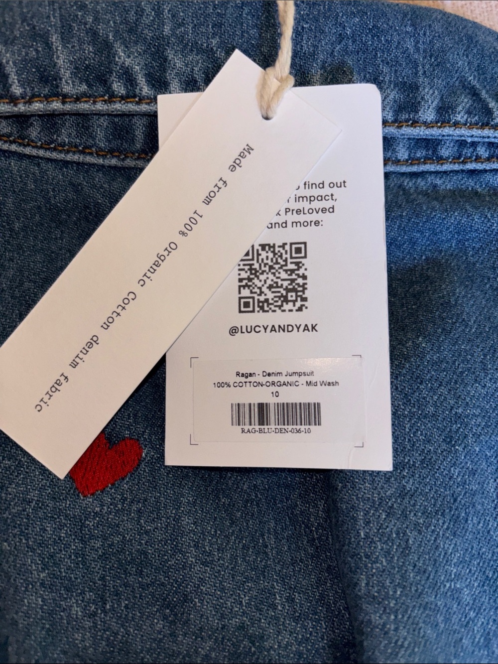 Lucy & Yak Blue Denim Jumpsuit with Red Heart Print - Picture 3 of 3